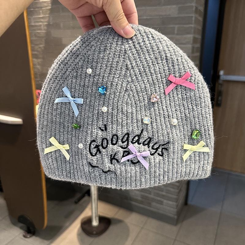

Knitted Hat Women s Autumn and Winter Fashion Korean Style Love Pink Diamond Bow Warm Pullover Hat Letter Versatile Wool Hat （54-60cm）