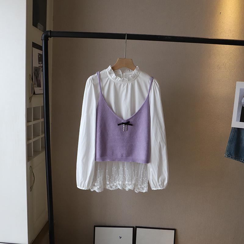 

Bi Zheng Весна 2025 Комплект из двух предметов: рубашка и вязаный топ на бретелях с корейской кружевной отделкой для женщин One Size фиолетовый