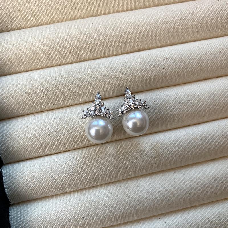 Shijiaao White Pearl Earrings & Snow Queen Crown Necklace Set - Luxury High-End Clavicle Jewelry for Women