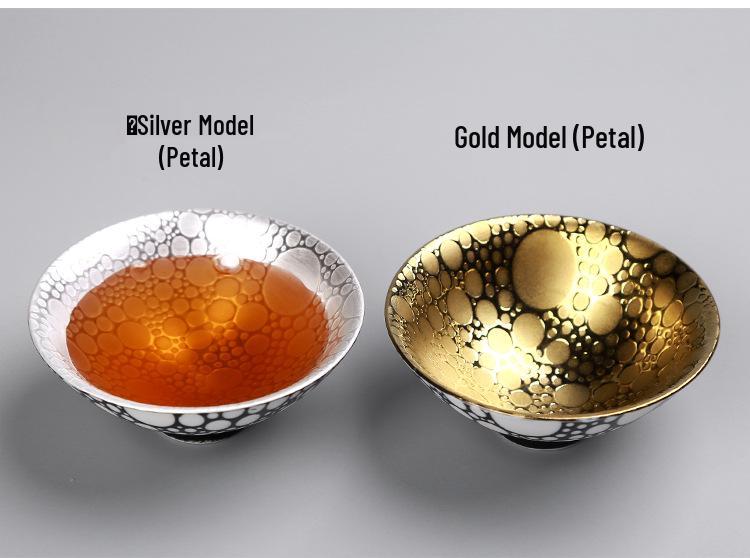 Handmade 999 Sterling Silver Gilded Jianzhan Tea Cup with Inlaid Blue and White Mushroom Cap Design for Kung Fu Tea Set.