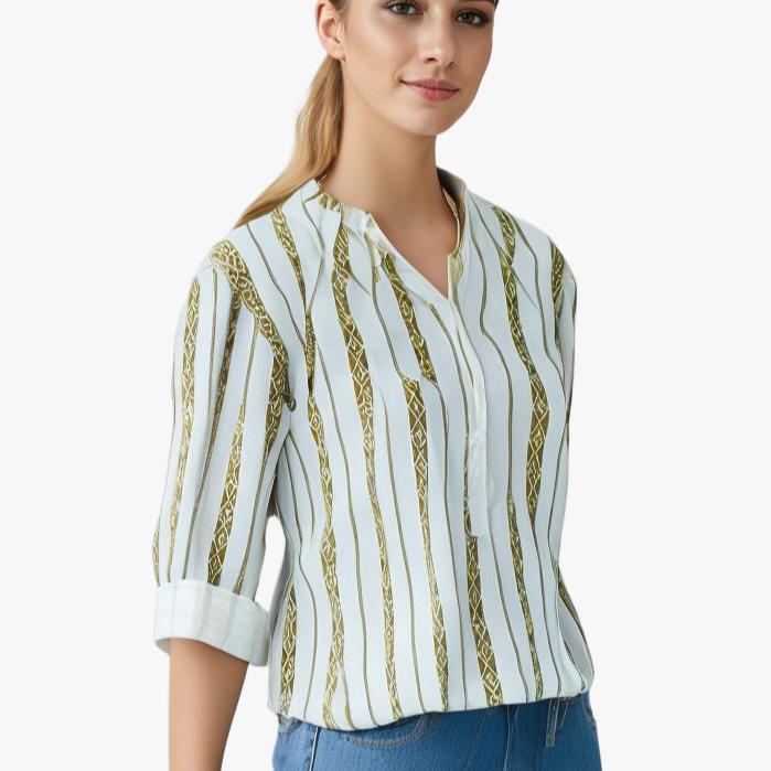 Spring and Autumn Women's Plus Size Striped Printed Button Shirt Loose Long Sleeve Top