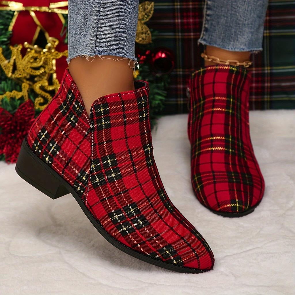 Christmas Style Chunky Low Heeled Ankle Boots - Women's Plaid Side Zipper Short Boots