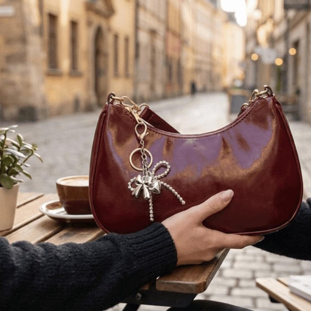 Bow Pendant Oil Wax Leather Crossbody Bag Elegant Underarm Bag Fashion Crescent Bag Casual Wear