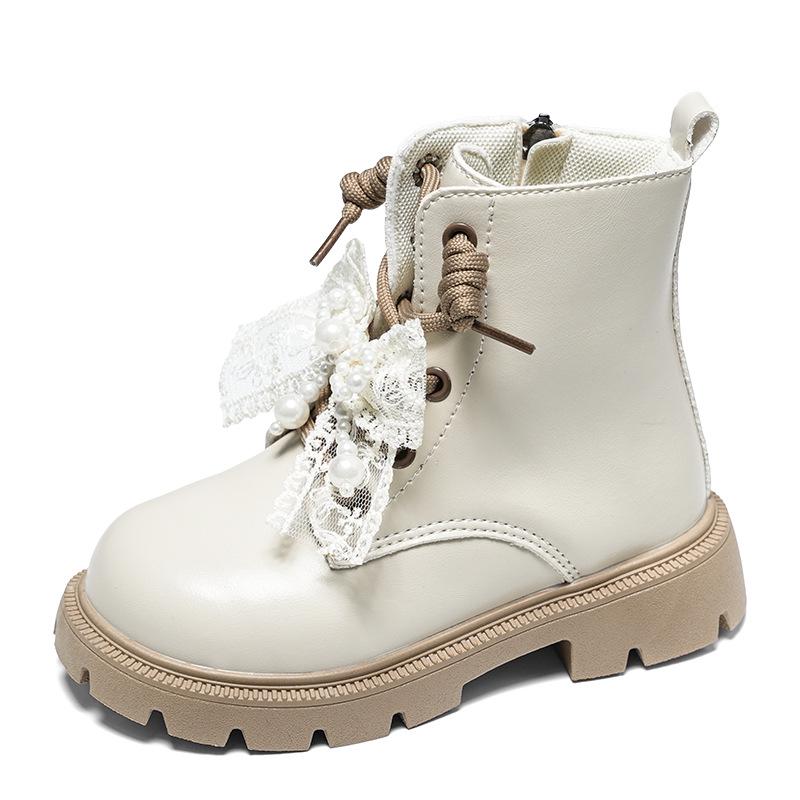 Autumn 2025 Girls' Beaded Bow Martin Boots - Short Leather Fashion Boots for Little Girls