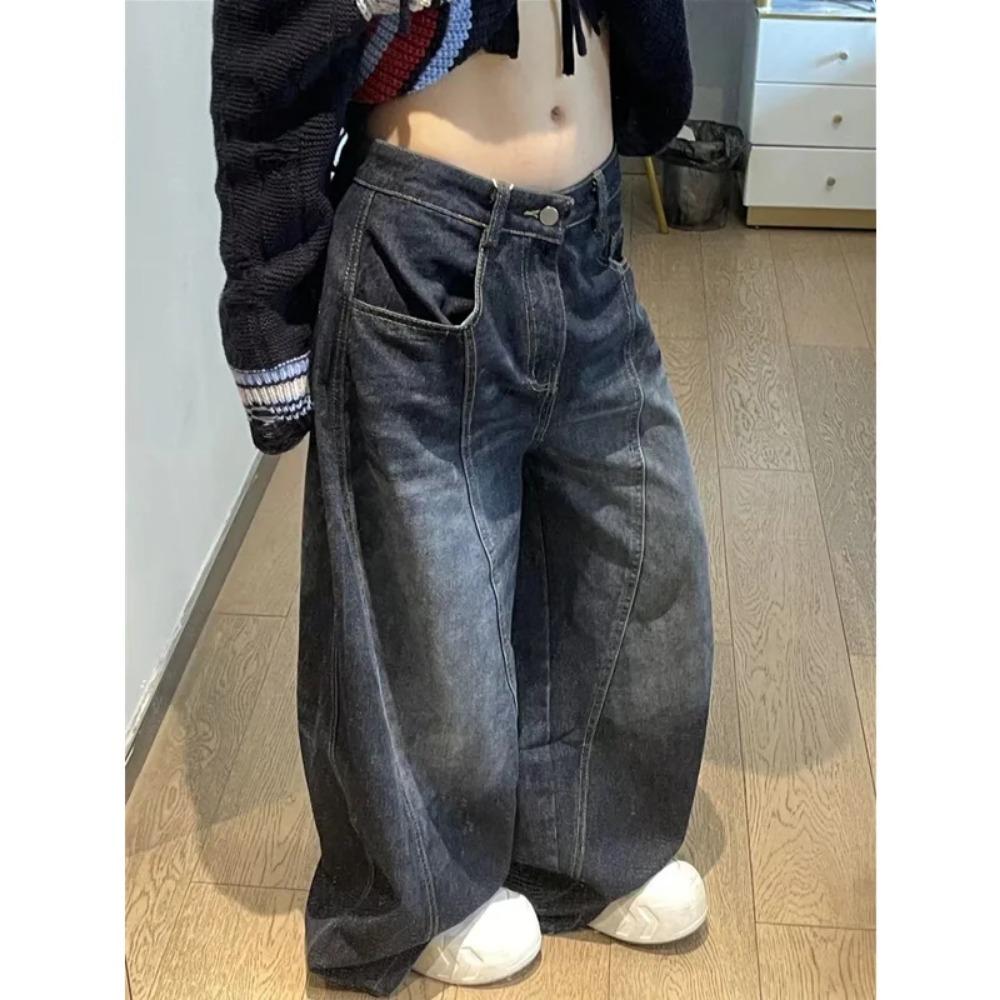 Damen Jeans Hohe Taille Vintage Design Hip Hop Gerade Baggy Denim Hose Street Y2K Amerikanischer Stil Weite Bein Jeanshose