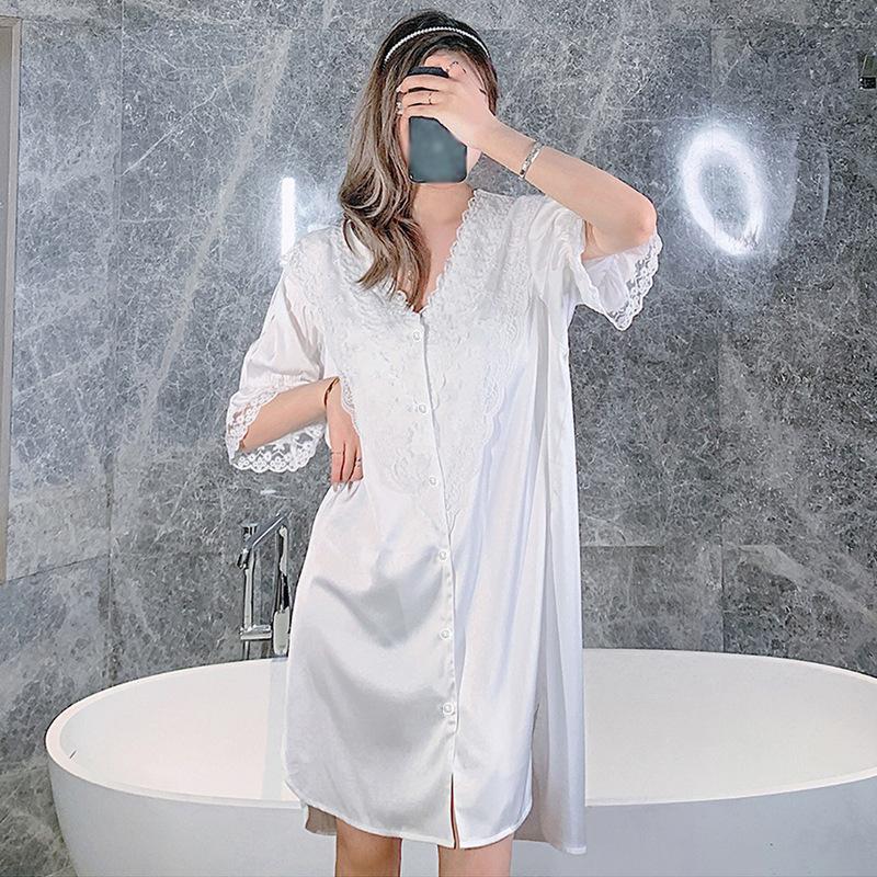 Women's Lustre Style Lace Patchwork Nightgown V-neck Short Sleeve Button Down Hem Split Solid Breathable Nightgown Lightweight Soft Casual Pajamas