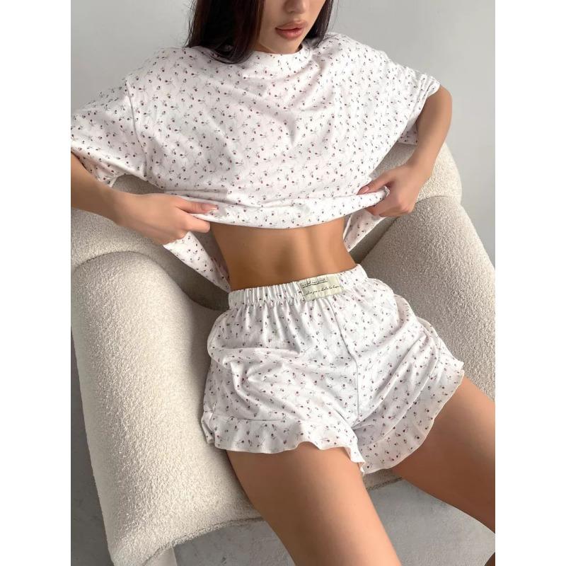 

VEZFAA Женская мода повседневная летняя весенняя цветочная модель с принтом, короткие рукава, О-образный вырез, брюки, костюмы XL белый