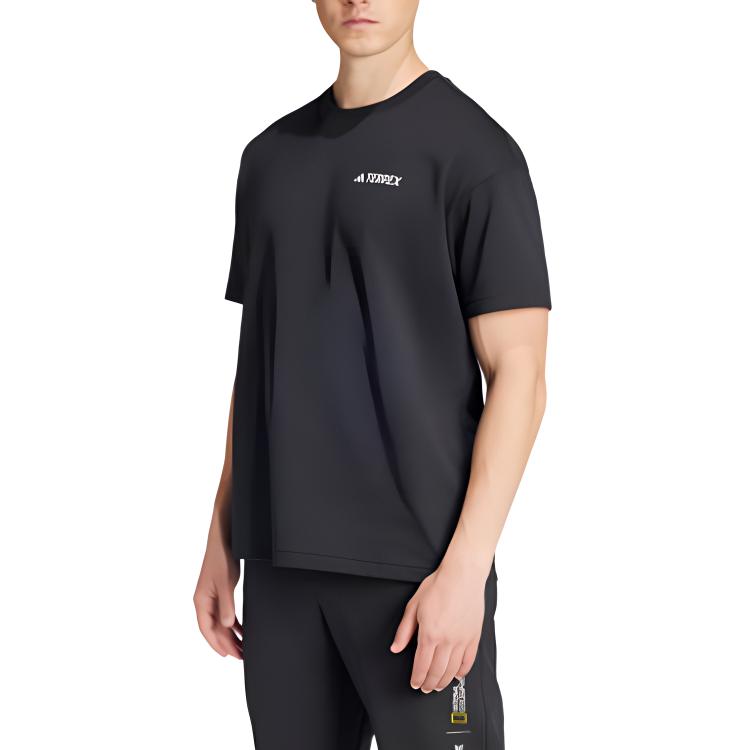 adidas National Geographic Graphics Schnelltrocknendes, sportliches, lässiges Pullover-T-Shirt mit kurzen Ärmeln und überschnittenen Schultern, Unisex-Oberteil, Schwarz, IX6565