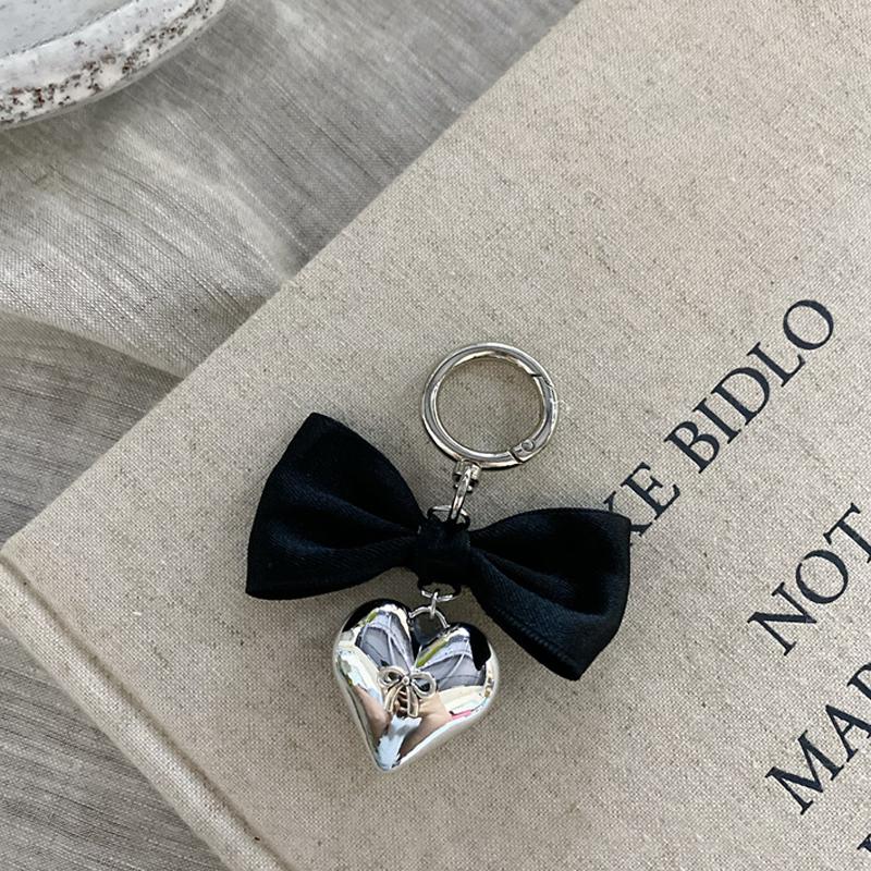 Pink Bowknot Key Chain Ins Style Silver Heart Phone Pendant Headphone Case Charm Bag Decor Car Key Ring