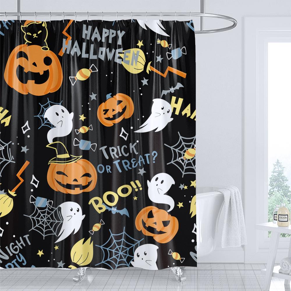 Halloween Shower Curtain Pumpkin Skull Ghost Cartoon Children Bathroom Curtain Bathtub Decoration Halloween Curtain with Hooks