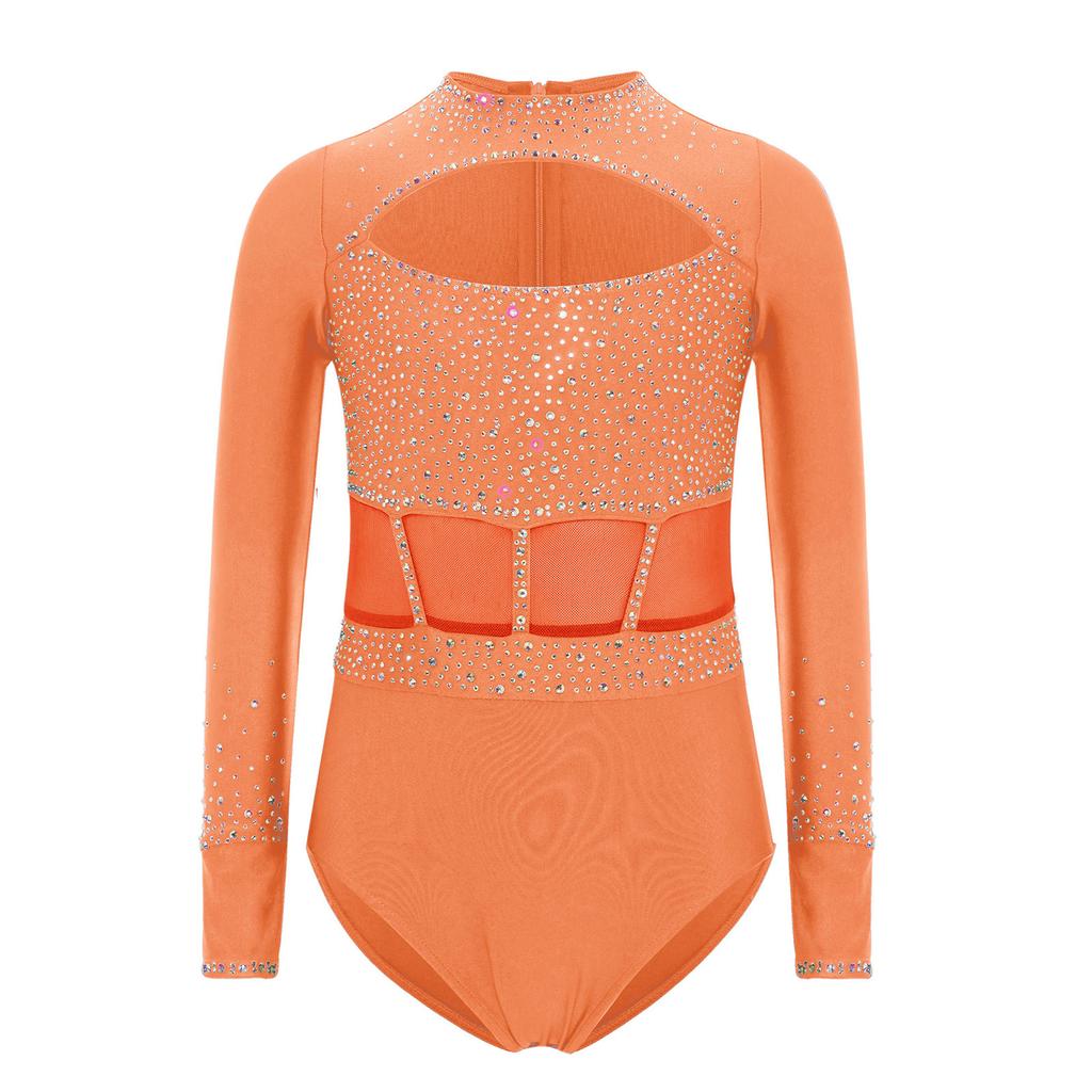 Leotardo de Gimnasia para Niñas Brillante con Pedrería, Manga Larga, Cremallera Trasera Invisible, Escote Delantero, Body de Escenario