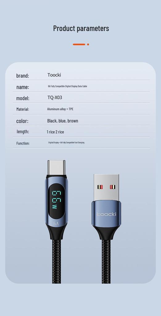 Toocki 66W Fast Charging USB-C Cable with Digital Display for Huawei, Honor, and Xiaomi.