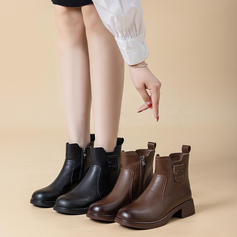 Leather Martin boots women's fashion versatile short boots 2025 new autumn and winter thin boots fashion thick-soled brown boots