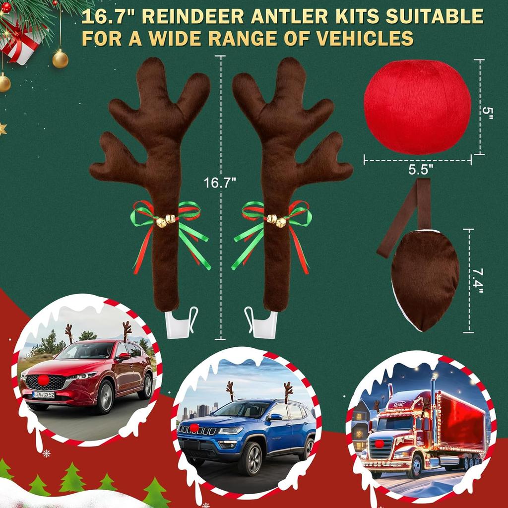 16.7 Inch Dark Brown Christmas Reindeer Car Kit - Reindeer Car Kit With 4 Adorable Car Seat Santa Hat, Christmas Decorations Perfect For Various Car