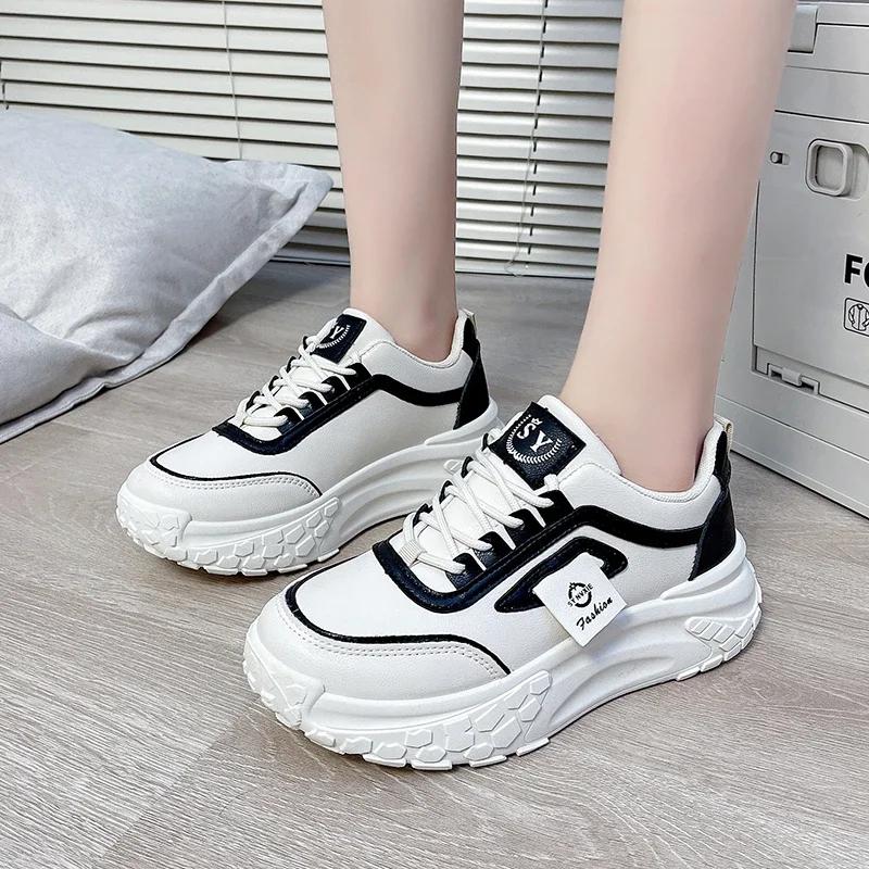 

Модная женская обувь 2024 года, новые женские туфли на шнуровке из вулканизированной кожи, весна-осень, круглый носок, разноцветная повседневная спортивная обувь на платформе для отдыха на открытом воздухе 35 чёрный