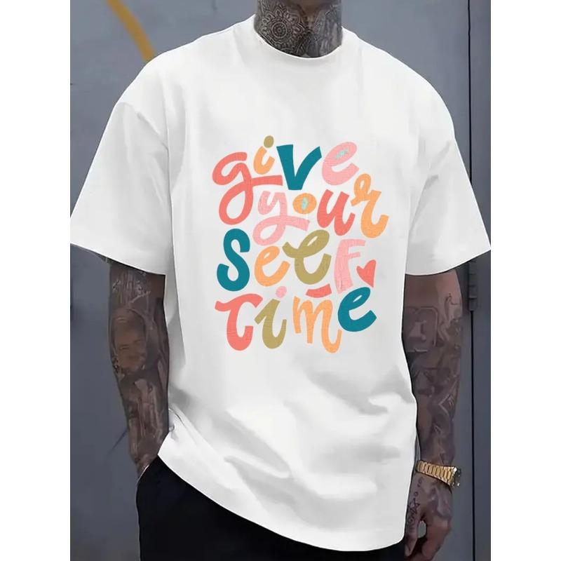 

White Short-Sleeved Tee with Colorful Hand-Drawn Give Your Self Time Design Featuring Heart-Shaped Detail, Casual Style Perfect for Casual Attire S белый