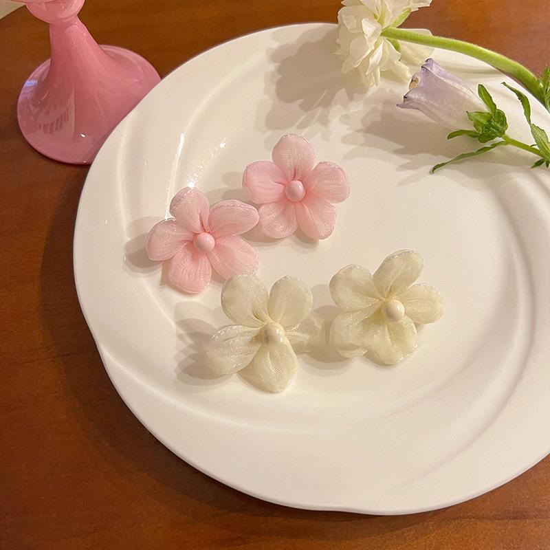 Fabric Chiffon Flower Pearl Earrings Elegant Fresh and Sweet Stud Earrings Niche Exquisite Fashion Versatile Earrings
