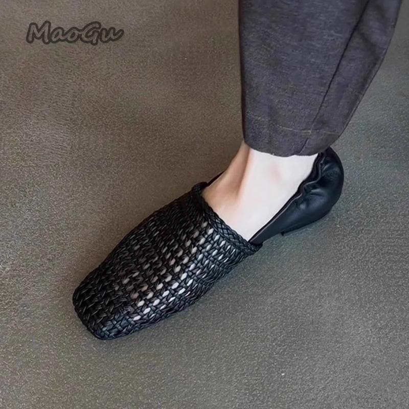 Fashion Soft Sole Women's Summer Slip on Loafers Hollow Breathable Square Toe Low Heel Sandals Size35 40 Office Ladies Shoes Sandalias
