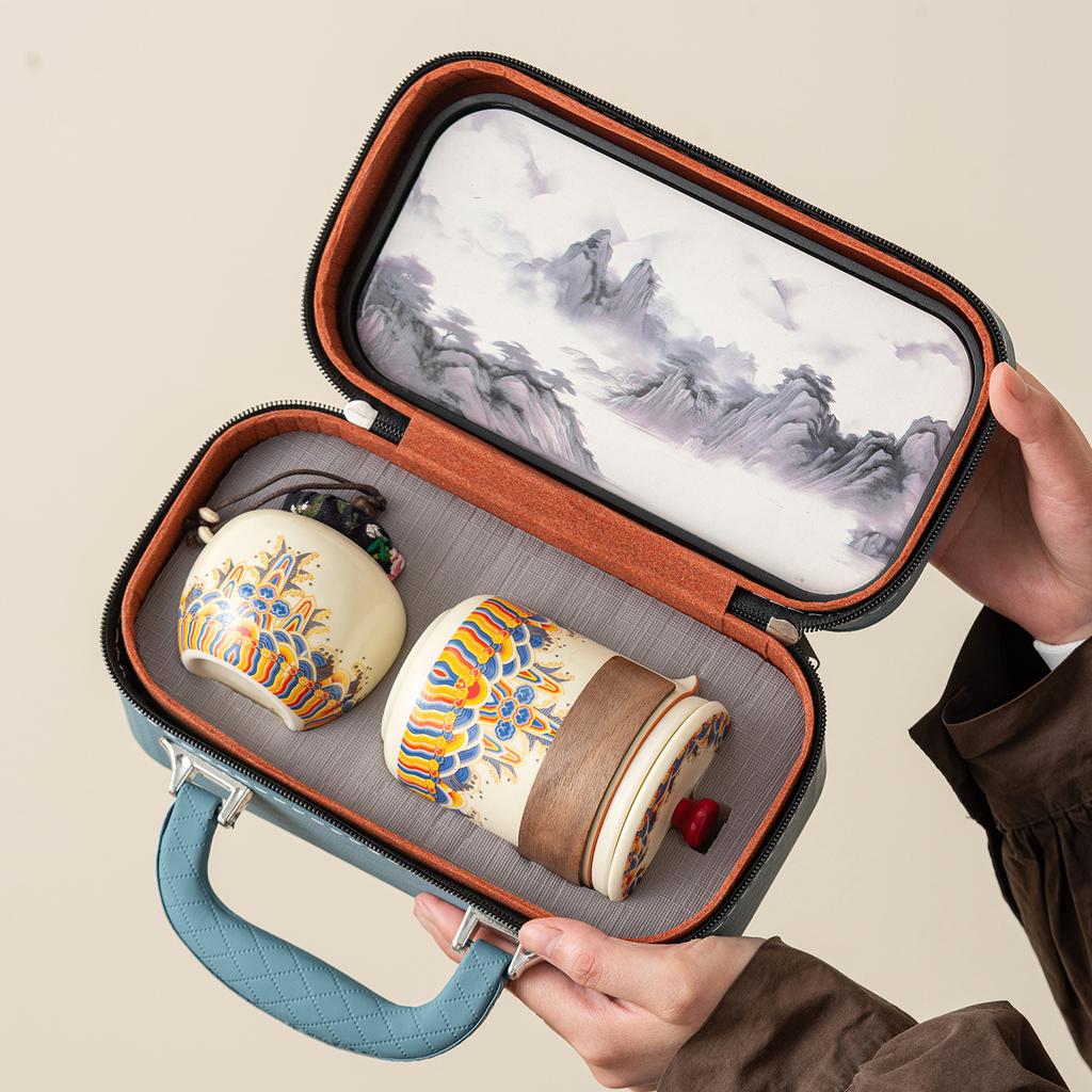 Dunhuang Ru Kiln Travel Tea Set One Pot Three Cups Portable Outdoor Tea Pot Teacup Gift