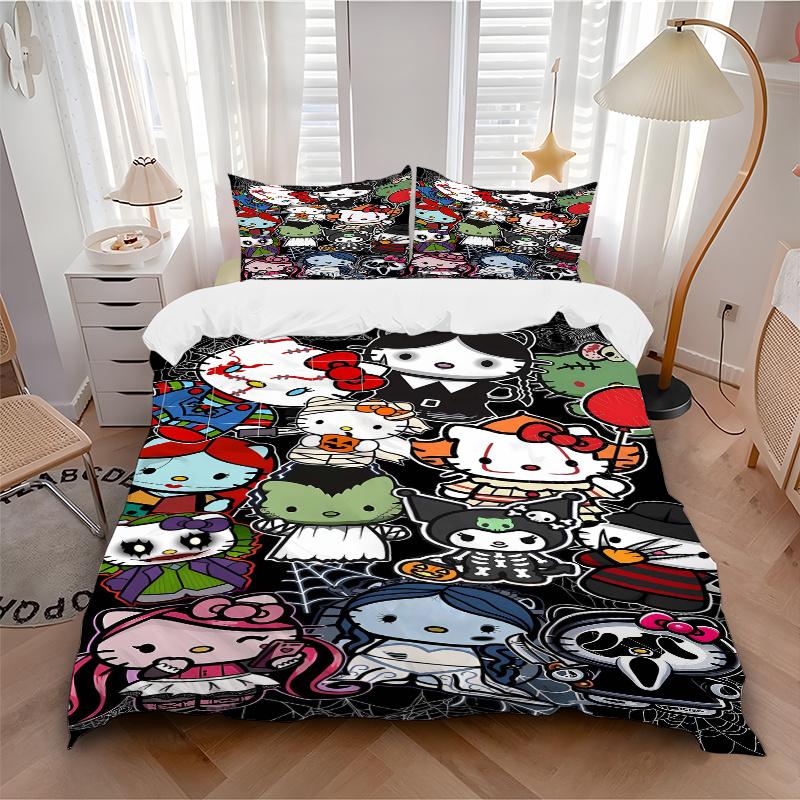 3pcs Halloween Compilation Hello Kitty Bedding Set Includes 1 Quilt Cover and 2 Pillowcases, Comfortable Bedding with Stylish Design for Bedroom S025