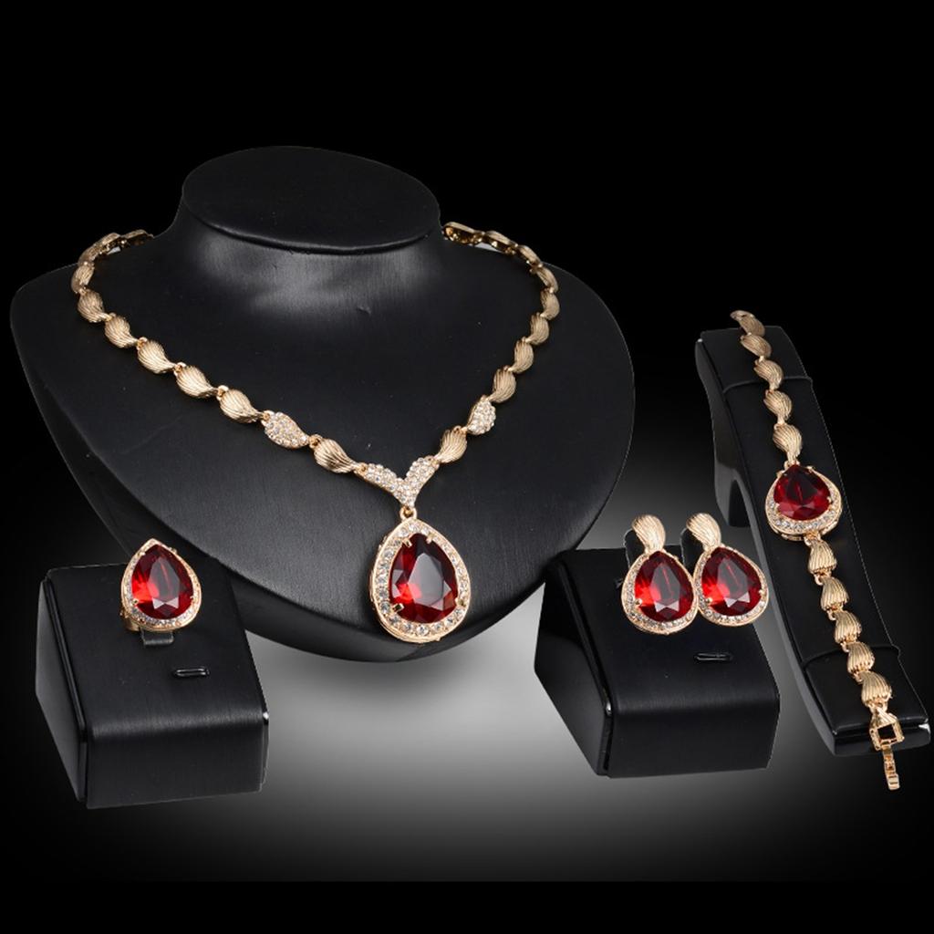 Four Piece Jewelry Set Necklace Earrings Ring Bracelet with Teardrop Gemstone Pendant and Matching Accessories for Women