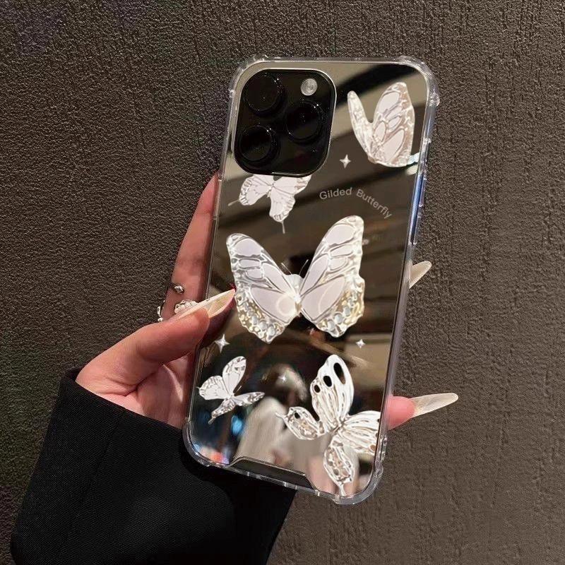 Pink Butterfly Mirror Phone Case For Samsung Galaxy A06 A14 A23 A36 A52 A55 A56 S25 S24 S23 S22 S21 Ultra Plus FE Silicone Cover