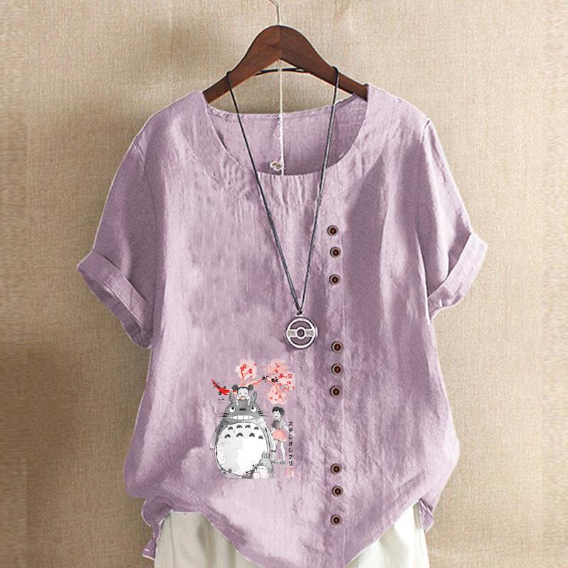 Women's Fashion Round Neck Short Sleeve T-shirt Casual Cotton Linen Graphic Shirt Leisure Loose Cartoon Characters Prined Summer Blouse Tops