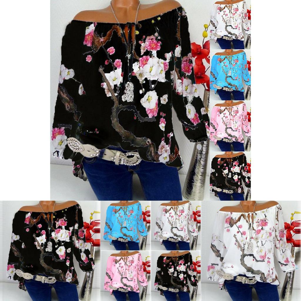 Off Women Shoulder Floral Tops Ladies Summer Loose T Shirt Blouse Plus Size
