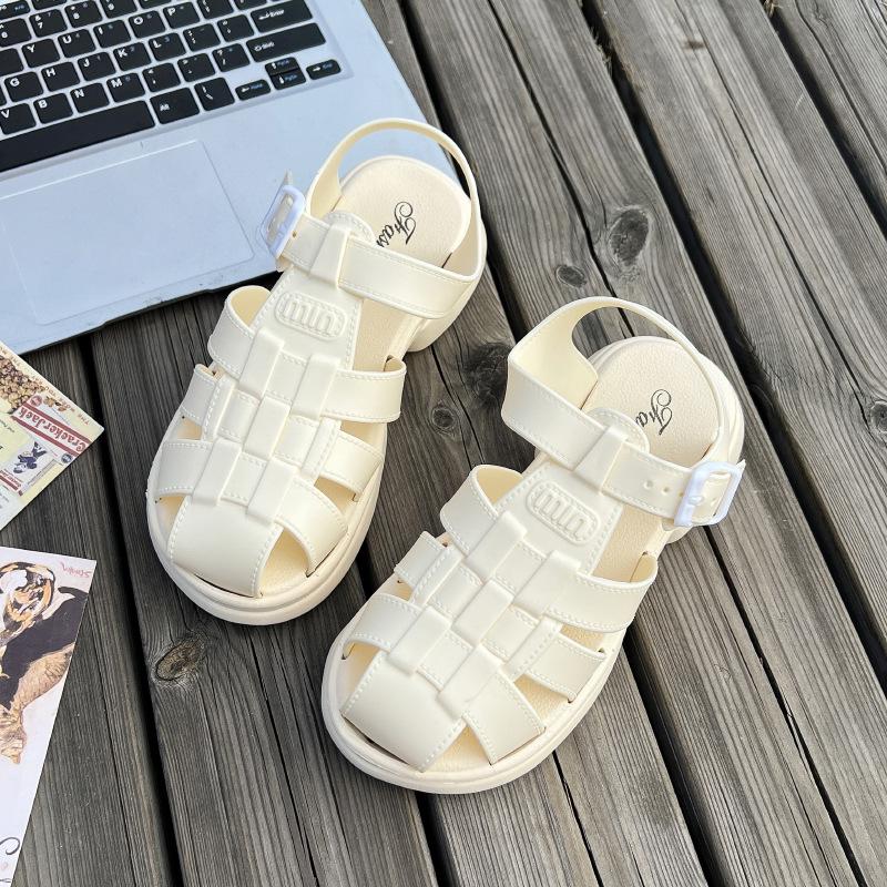 Dámské římské sandály s tlustou podrážkou a uzavřenou špičkou: Módní, všestranné, jednobarevné, protiskluzové, ideální pro venkovní i domácí nošení. Nové letní styly.