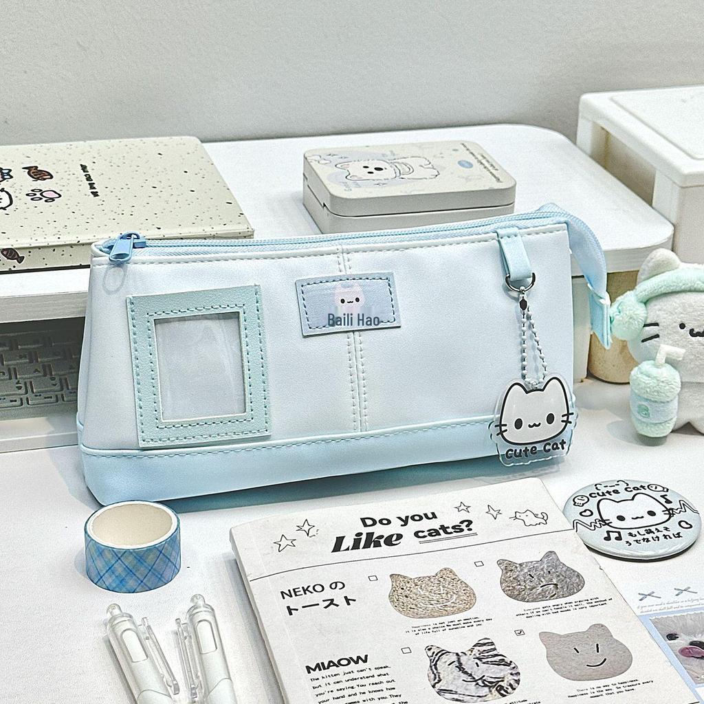Cute Blue & White Kitten Pencil Case - Large Capacity Cartoon Stationery Box for Female Students
