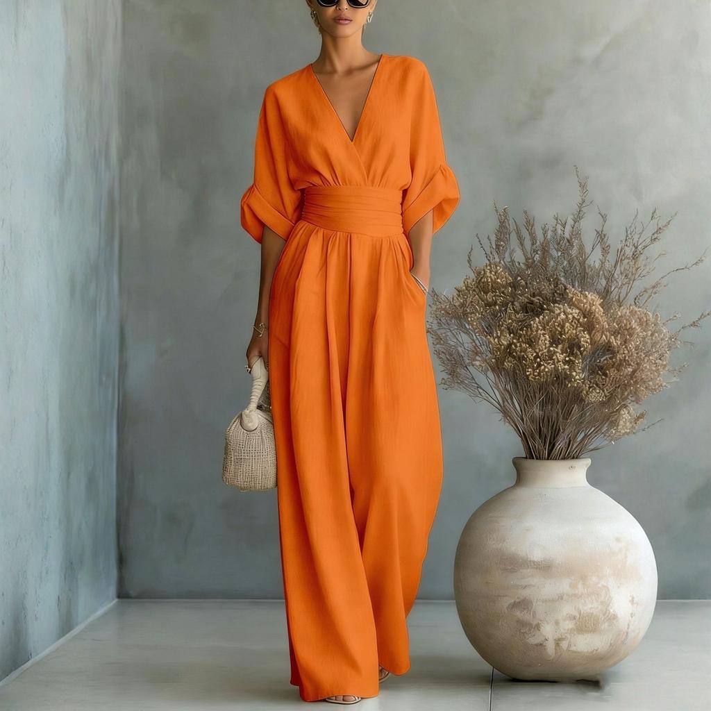 Tuta Elegante da Donna a Gamba Larga con Scollo a V e Cintura