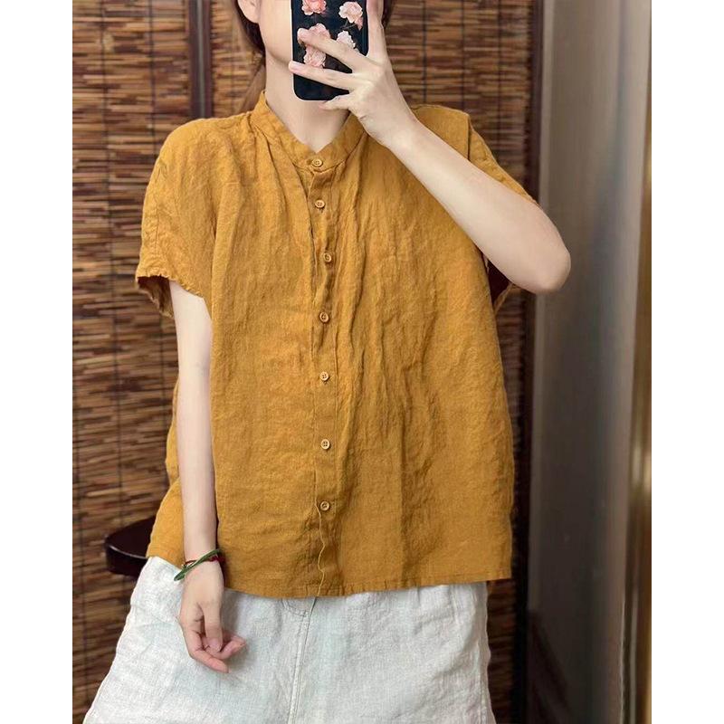 Women's Stand Collar Linen Blend Shirt Loose Thin Short Sleeve Button Down Vintage Casual Summer Blouse