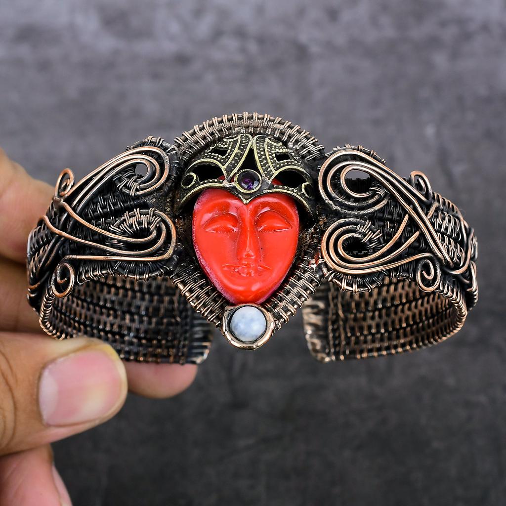 Cameo, Moonstone Handmade Copper Wire Wrap Cuff Bangle Adjustable e3c07