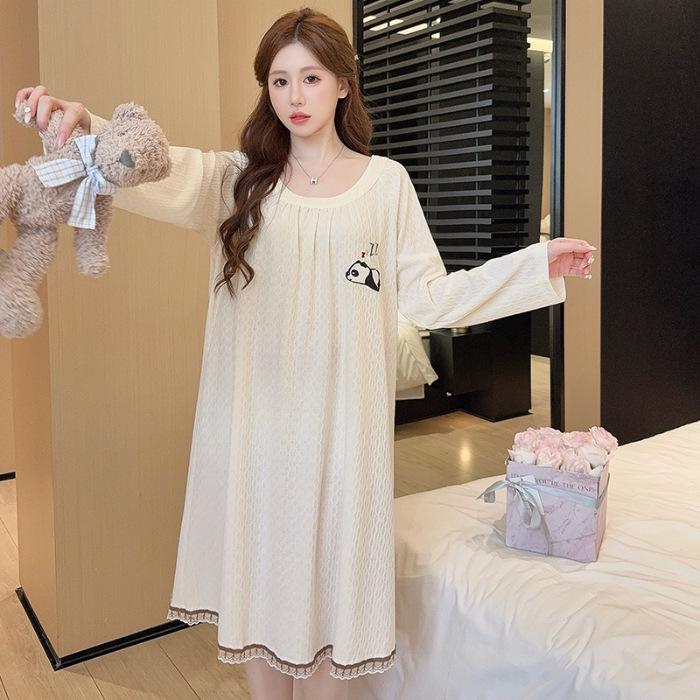 Jacquard Sweet Princess Long Sleeve Mid-Length Lazy Sleepdress, Plus Size, Spring & Autumn