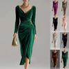 European and American Women's Clothing New Velvet Pleated Sexy Long-sleeved Thin Long Open-ended Hip-wrapped Dress Women