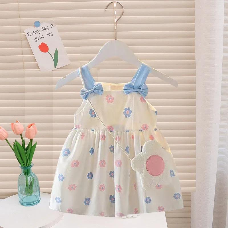 

Summer Baby Girls Dress Set Cute Bag Kids Fresh Floral Bow Strap Daily Thin Sleeveless Vest Girl Dress 110cm рожевий