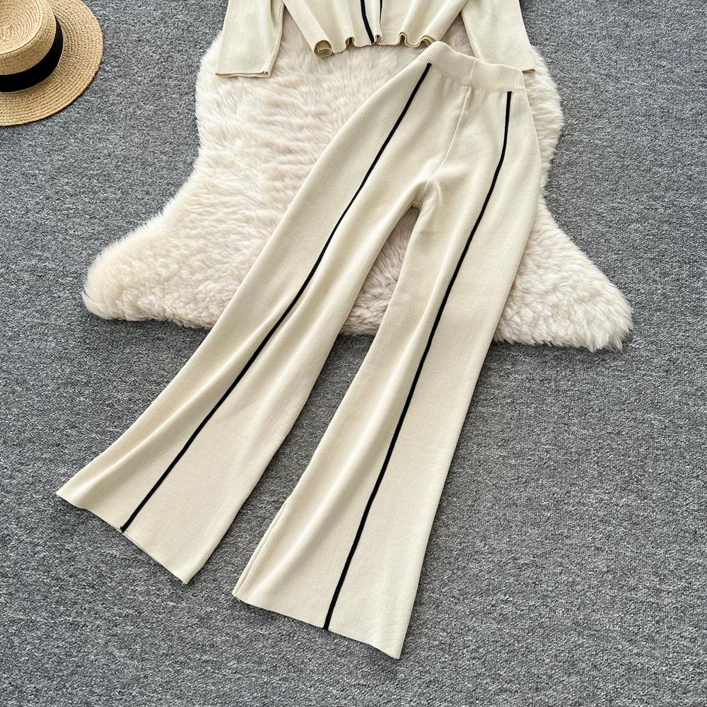 Autumn Winter Women Casual Knitted Sweater Trouser Two Piece Set Full Sleeve Flower Pullover Tops and Wide Leg Pant Tracksuit