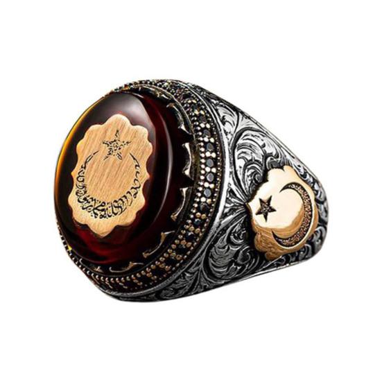 Male Ring Personality Hand Engraved Pattern Handmade Lustrous Vintage Red Stone Turkish Signet Ring Jewelry Accessory