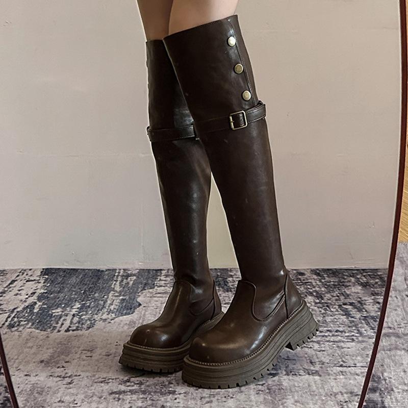 Popular Retro 2025 Autumn and Winter Trend Two Wear Folded Platform Western Boots Thick Heel Knee Boots Knight Boots