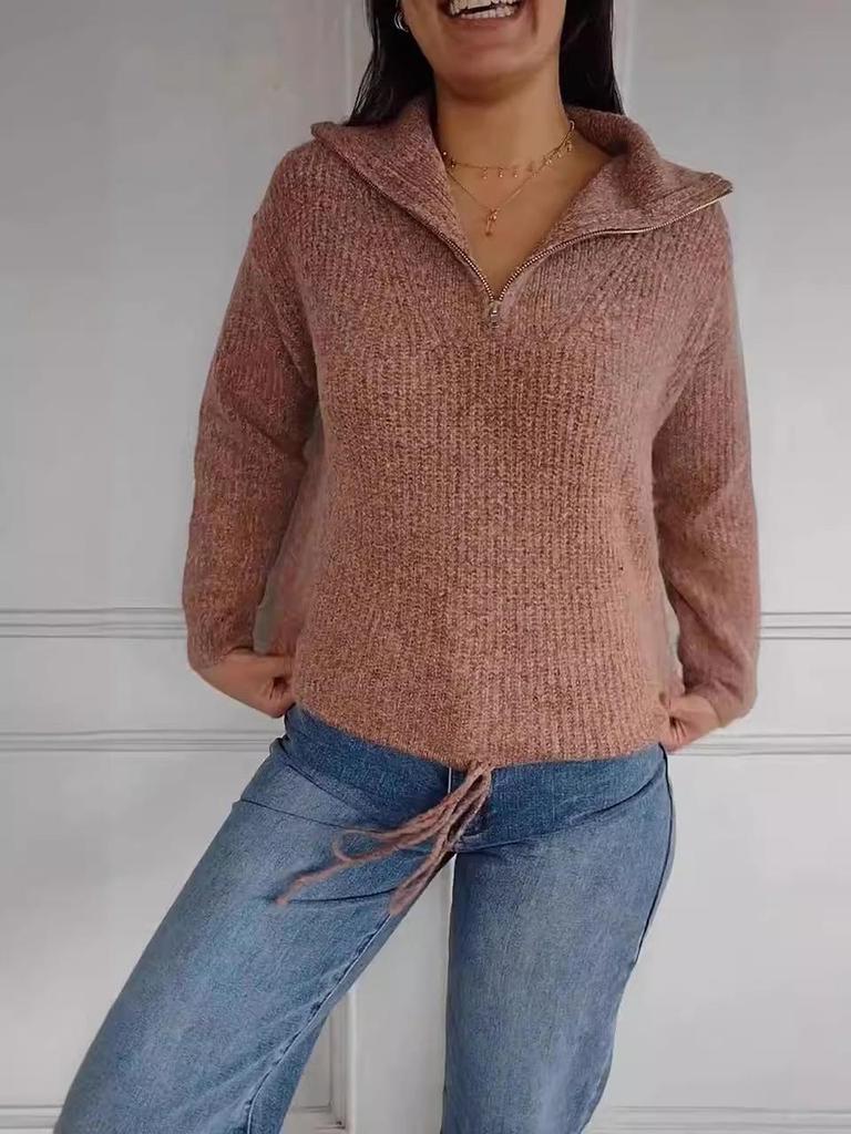 2024 Autumn Winter High Neck Drawstring Knit Sweater - European & American Style Casual Women's Pullover