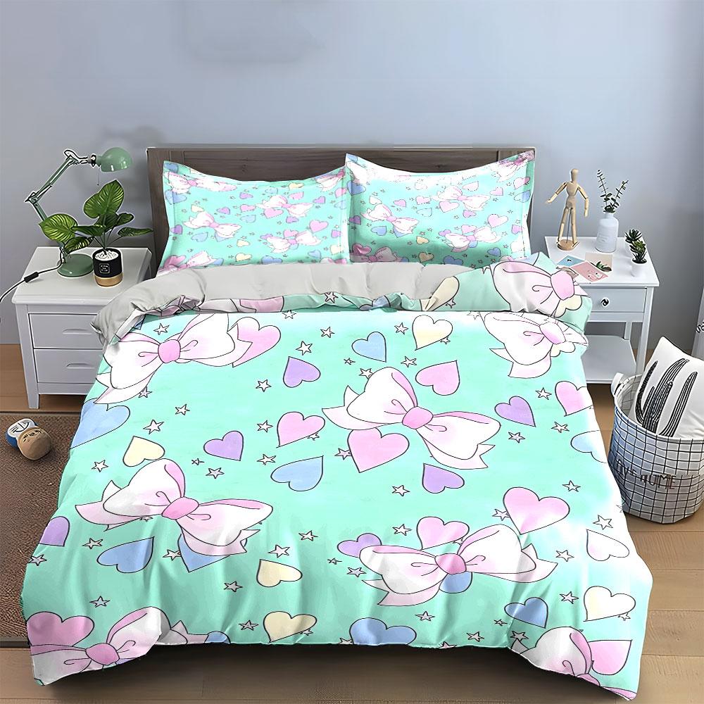 Set con Motivo Pastello di Fiocchi e Cuori Decorazione per Camera da Letto di Bambini e Adulti, Squisito Set Copripiumino a Tre Pezzi Regalo