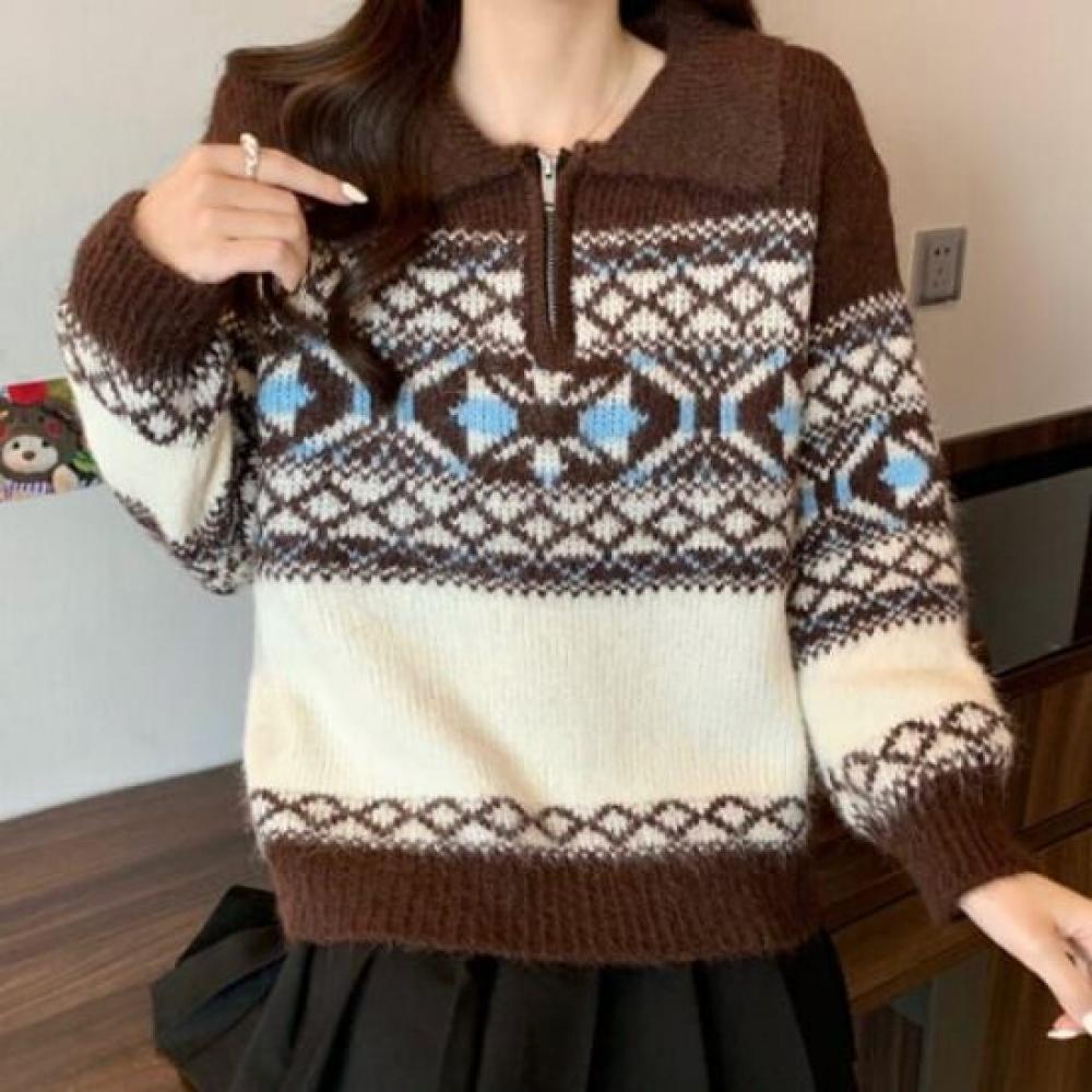 Navava Nordic Pattern Half Zip Collar Long Sleeve Knit Sweater Nk3524