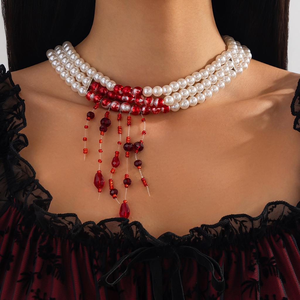 Gothic Pearl Necklace Choker Creative Halloween Blood Trickle Collarbone Necklace