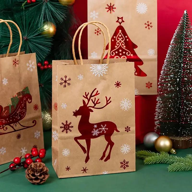 12PCS New Christmas Foil Stamped Paper Gift Bags Brown Kraft Tote with Reindeer Snowflake Tree Design for Holiday Party Presents