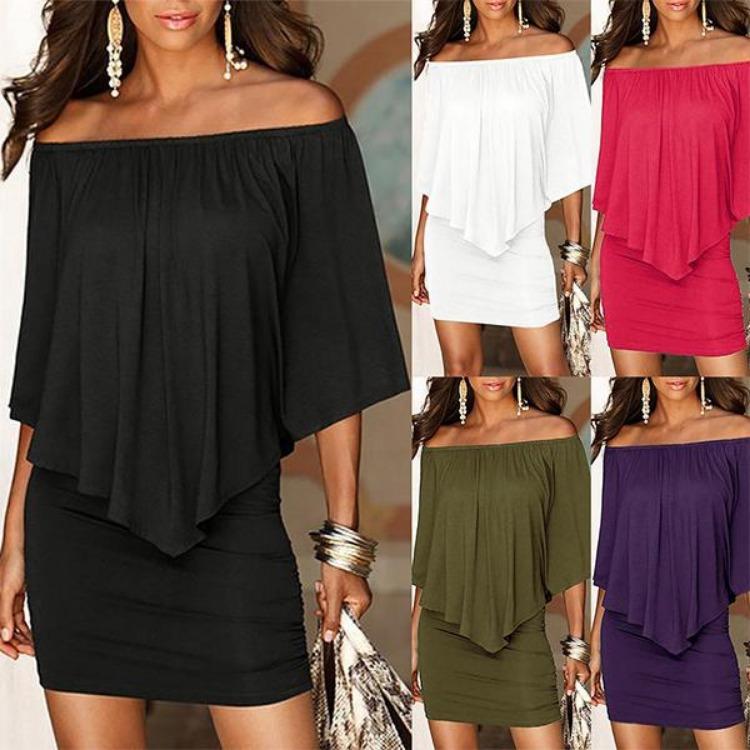 Sommer Damen Schulterfrei Locker Kleid Kurzarm Quaste Hüftkurzrock Paket