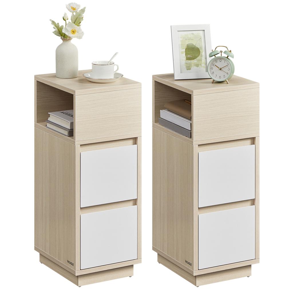 VASAGLE KAILYN Collection - Slim Bedside Tables, Set of 2 Small Narrow Side End Tables with Drawers, Flexible Open Compartment, for Bedroom