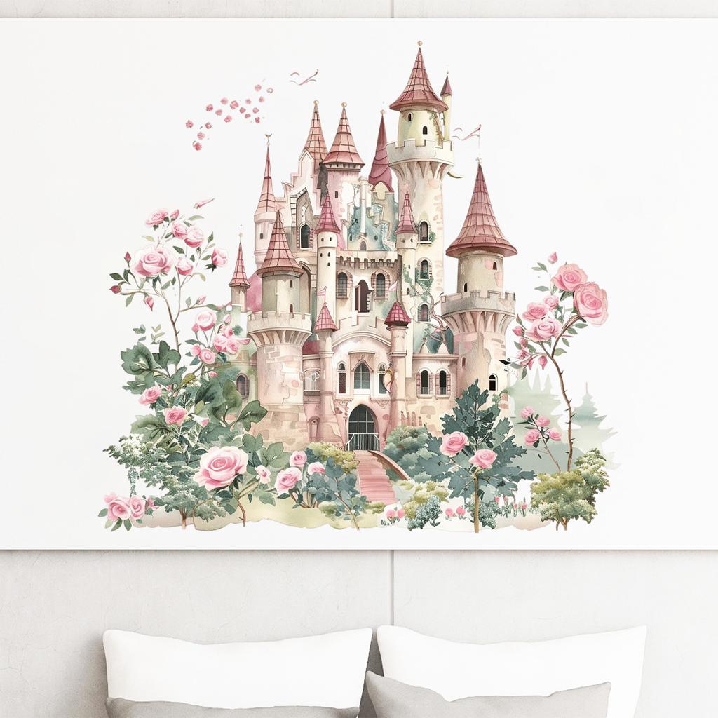 Cartoon Roze Droomkasteel Muursticker Meisjes Slaapkamer Kamer Decoratieve Behang Zelfklevend Verwijderbare Stickers