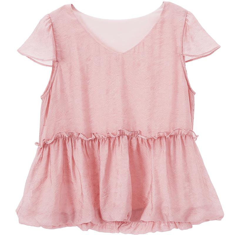 BETU Women s Chiffon V-Neck Blouse with Petal Hem S