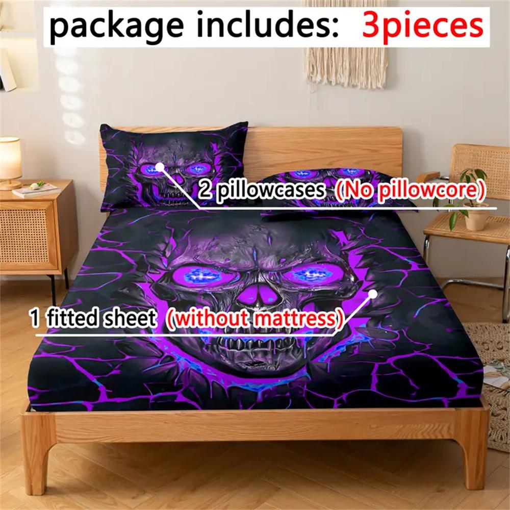 3pcs Purple Light Skull Pattern Fitted Sheet Set-Soft And Comfortable Bedding Cover Set For Bedroom, Guest Room And Dorm Decor