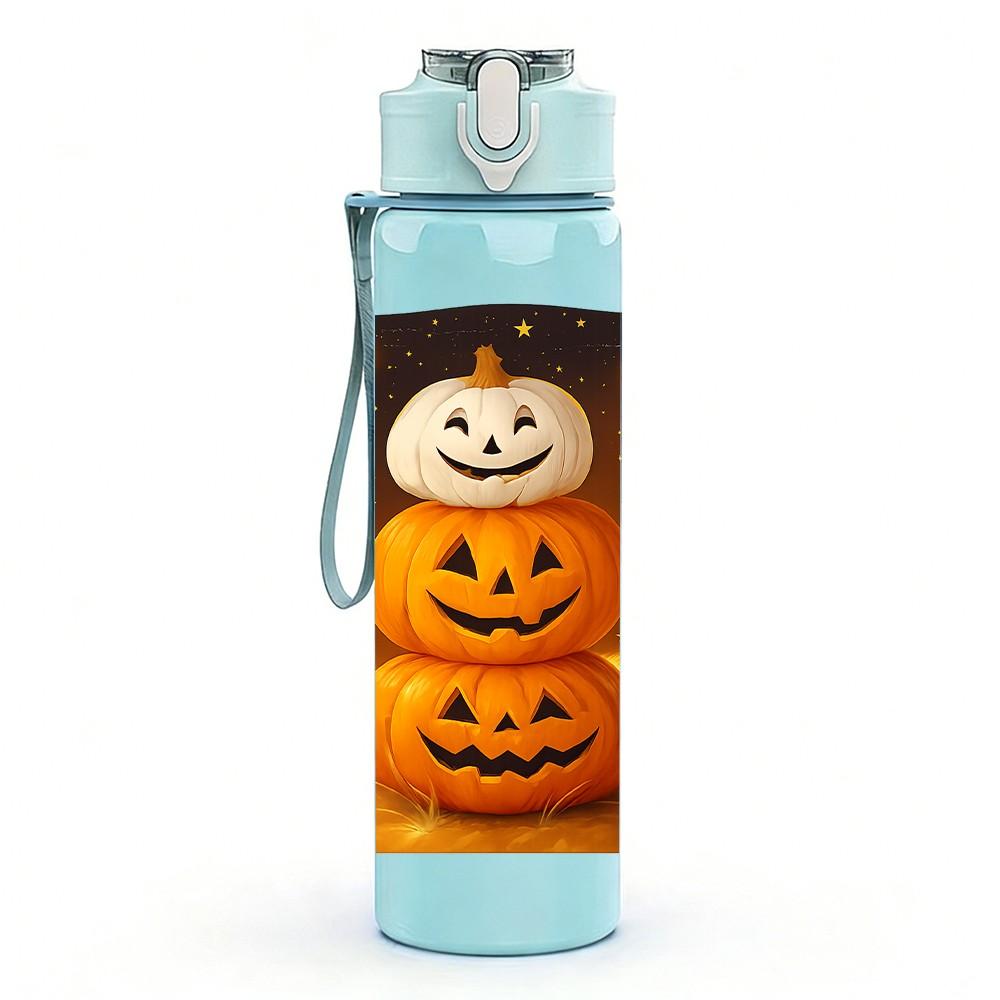 1PC Pumpkin Ghost Halloween Print 750ml Color Plastic Sports Water Bottle Leakproof Flip Straw Lid Suitable for Sports Office Home Use